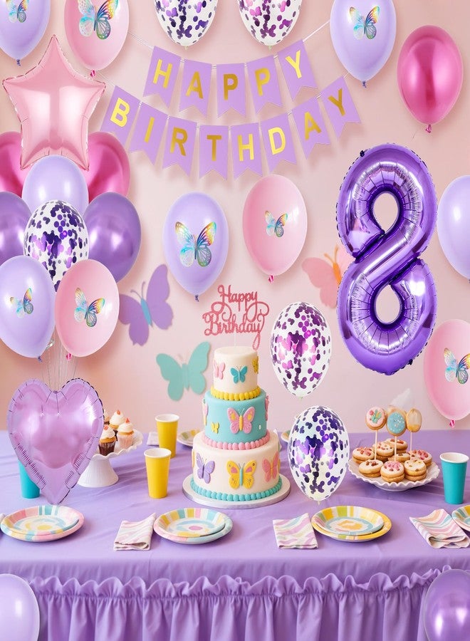 Vibzox 8th Birthday Decorations for Girl,Pink Purple 8th Butterfly Decoration Birthday Balloons Pink Purple Banner Number 8 Balloons Cake Topper Butterfly Party Supplies for Girls - Image 3